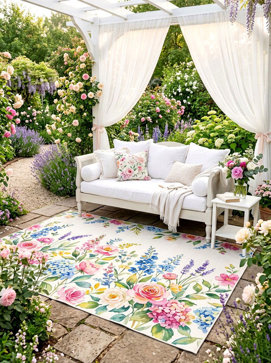 Watercolor Floral Over Solid White Base - 30 layered outdoor rug ideas