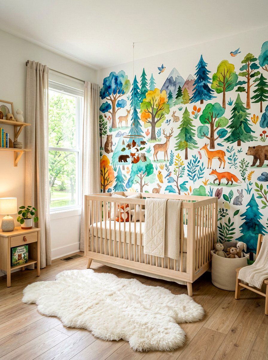 Watercolor Forest Nursery Mural - 30 woodland wall mural nursery ideas