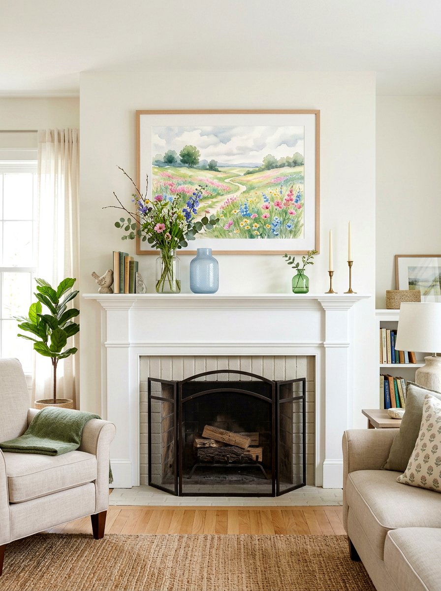 Watercolor Landscape Art Mantel - 30 spring mantel styling ideas