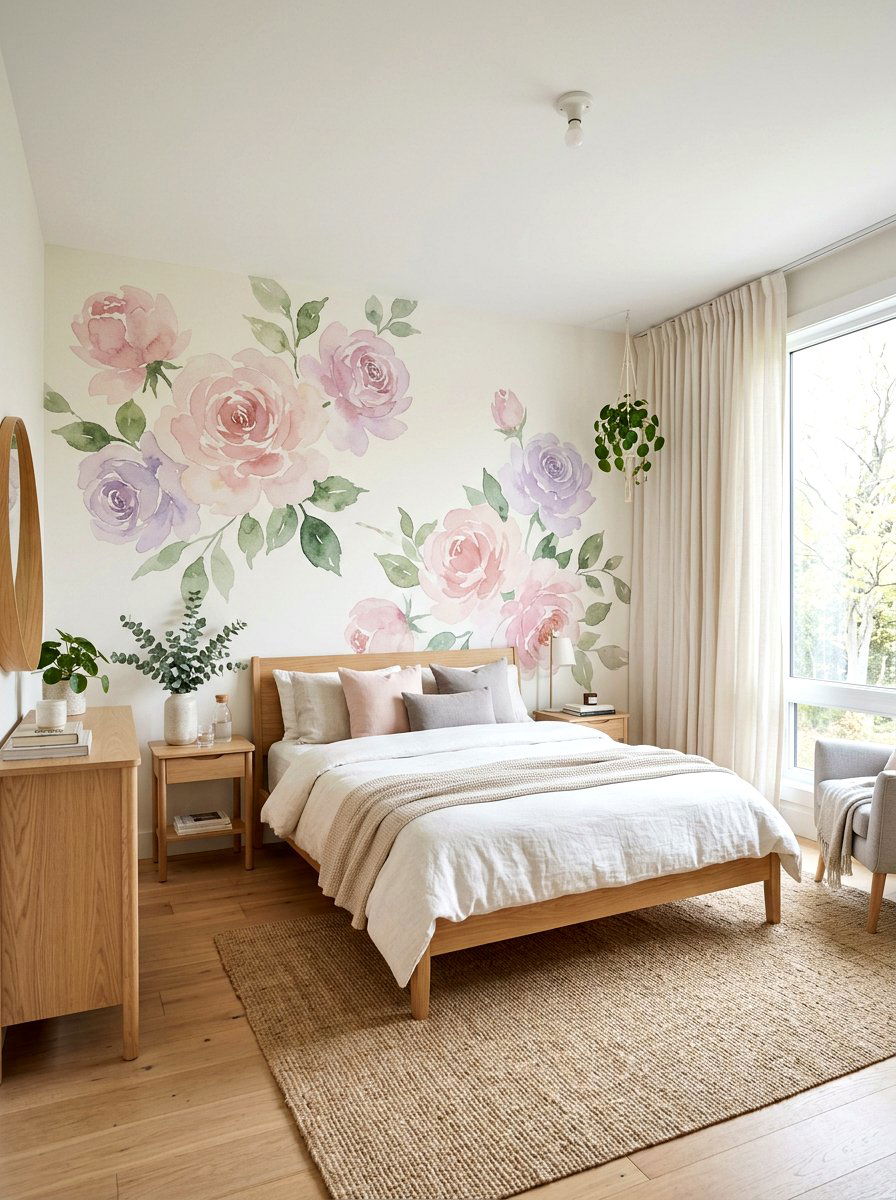 Watercolor Rose Wall Mural - 30 rose print bedroom ideas