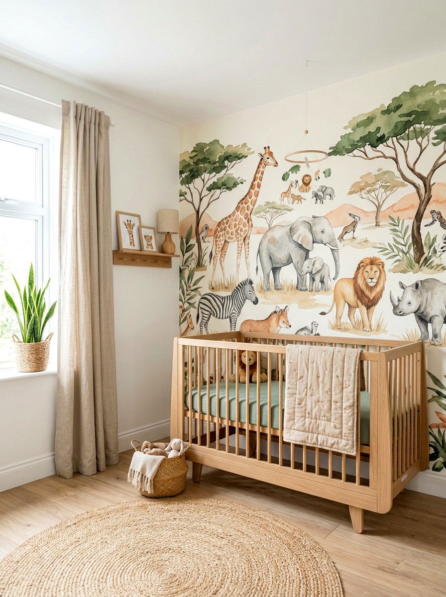 Watercolor Safari Wall Mural - 30 safari wall mural nursery ideas