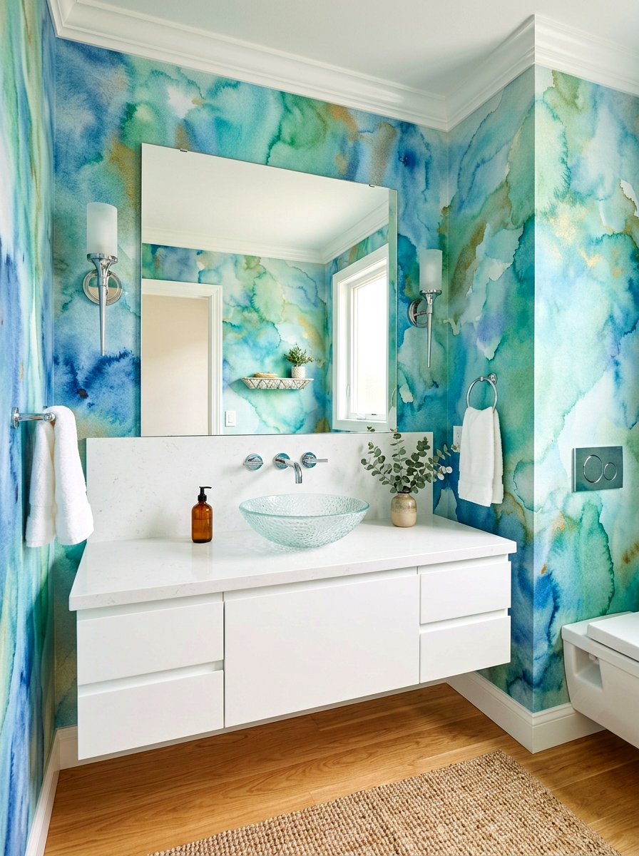Watercolor Wash Wallpaper - 30 wallpapered powder room ideas