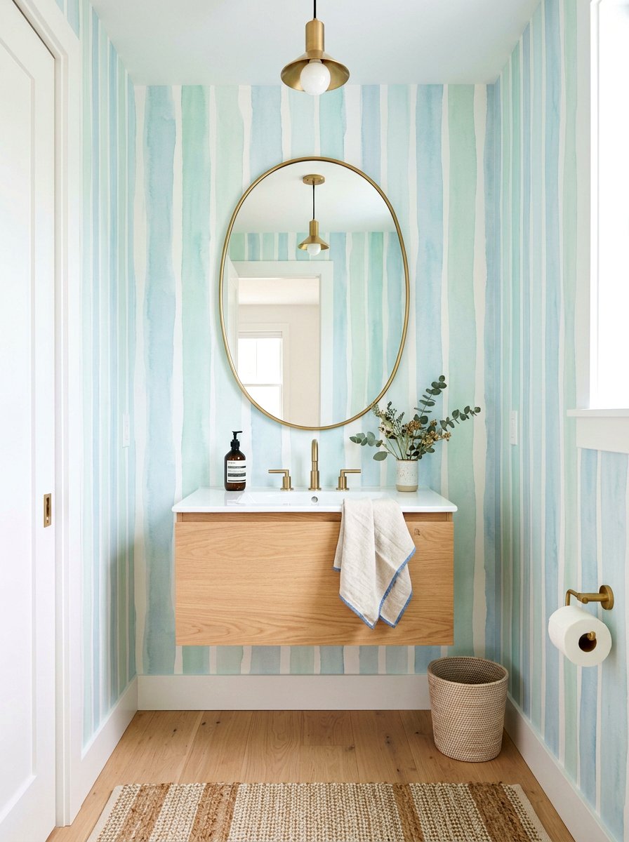 Watercolor effect striped wallpaper - 30 striped powder room ideas