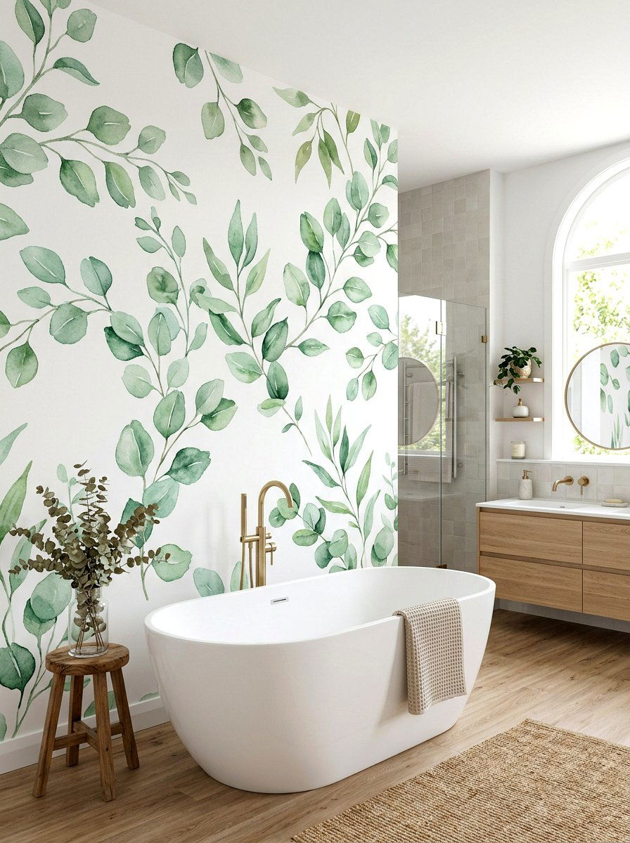 Watercolor eucalyptus bathroom mural - 30 mural bathroom ideas