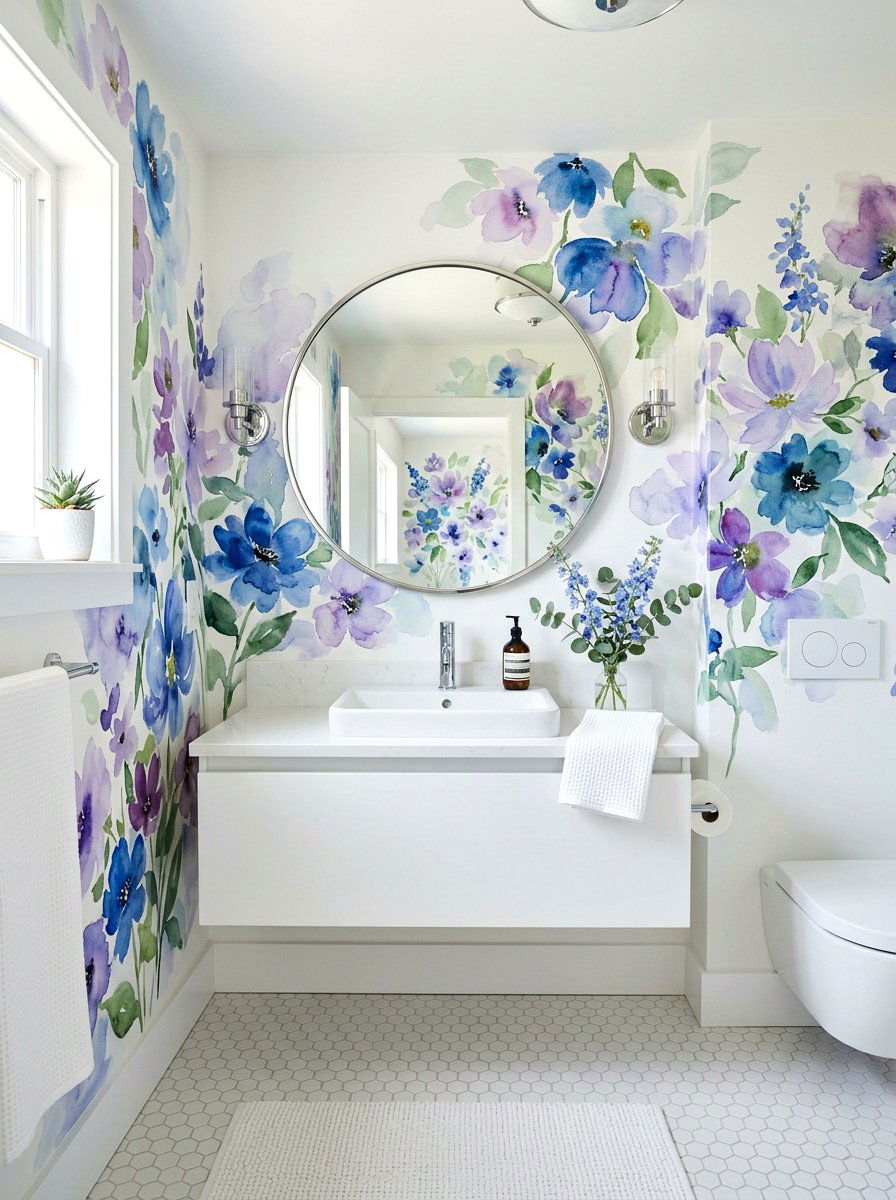 Watercolor floral wallpaper - 30 floral wallpaper powder room ideas