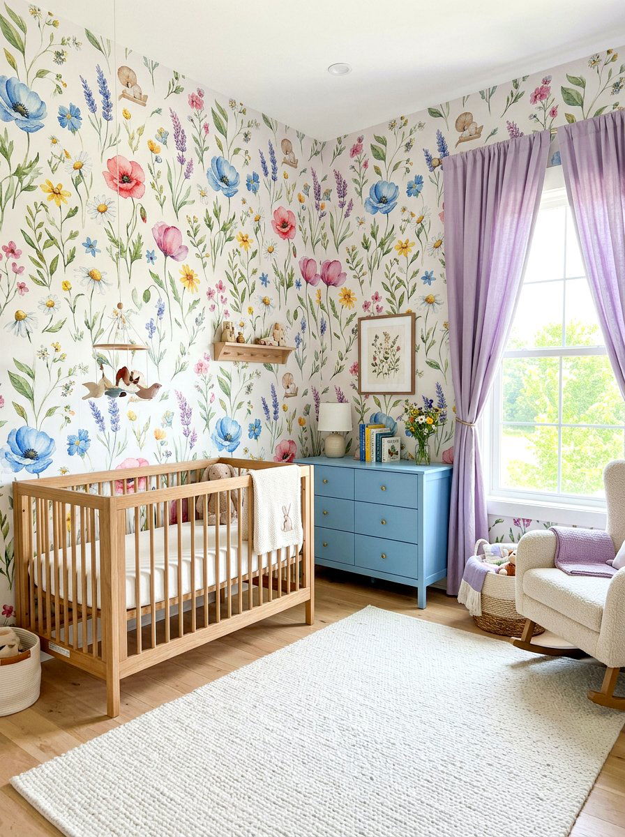 Watercolor wildflower nursery wallpaper - 30 floral nursery wallpaper ideas