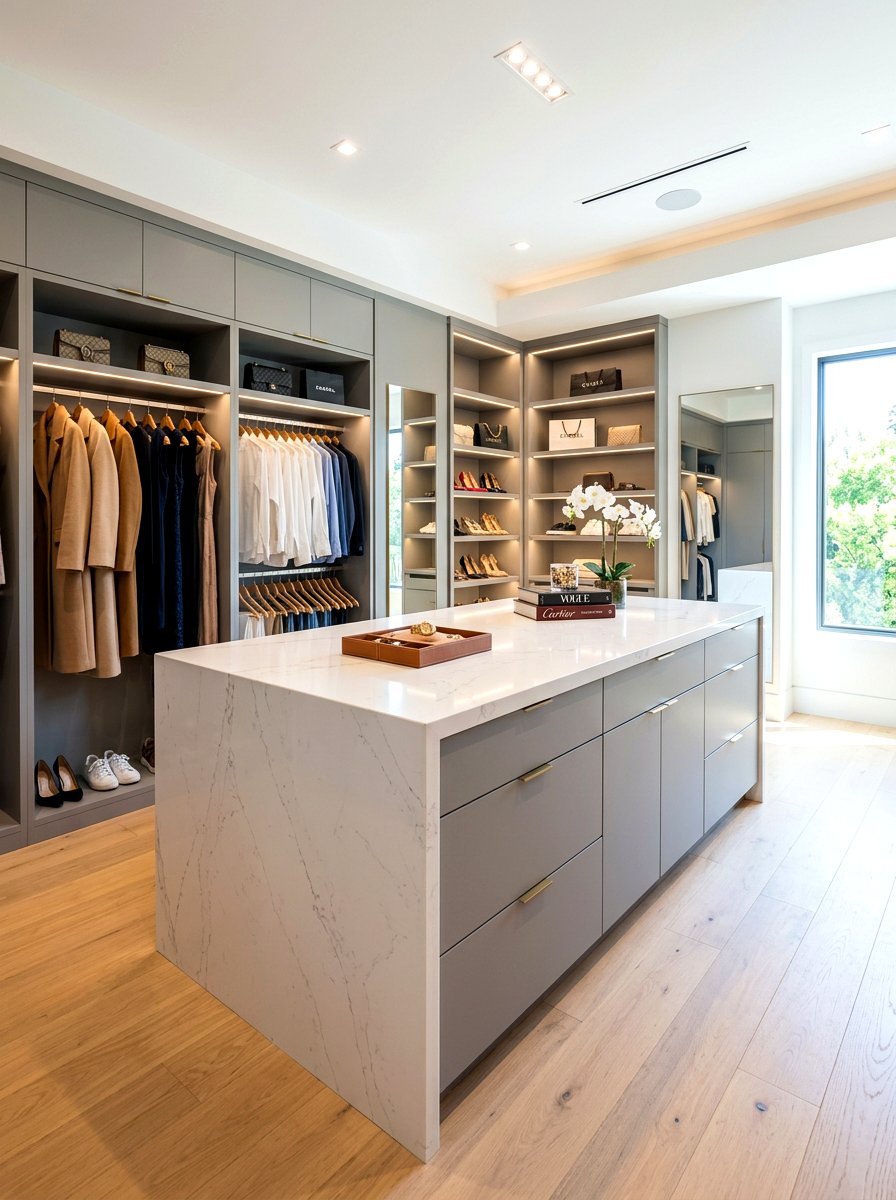 Waterfall Edge Closet Island - 30 closet island storage ideas