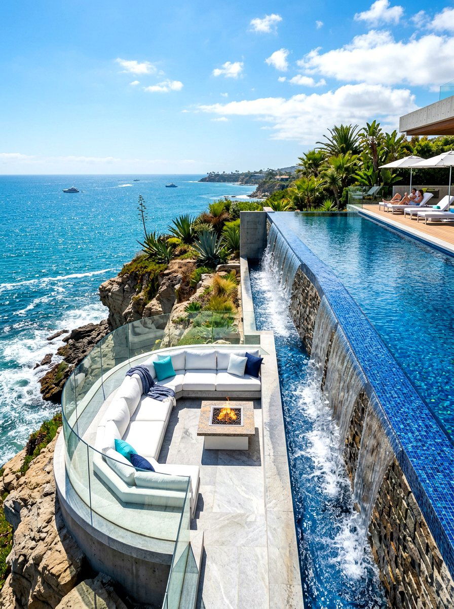 Waterfall Edge Sunken Lounge - 30 sunken backyard seating ideas