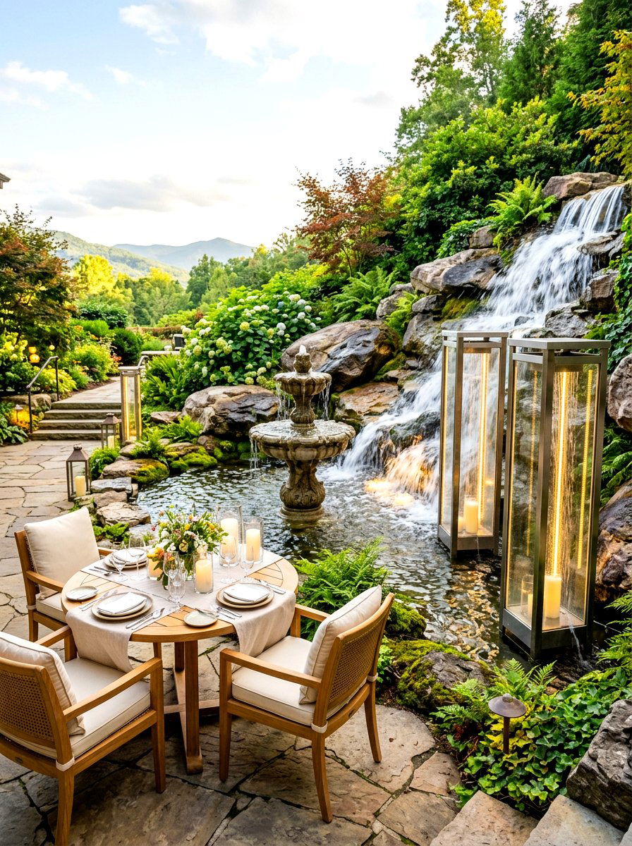 Waterfall Feature Dining - 30 backyard candlelight dinner ideas