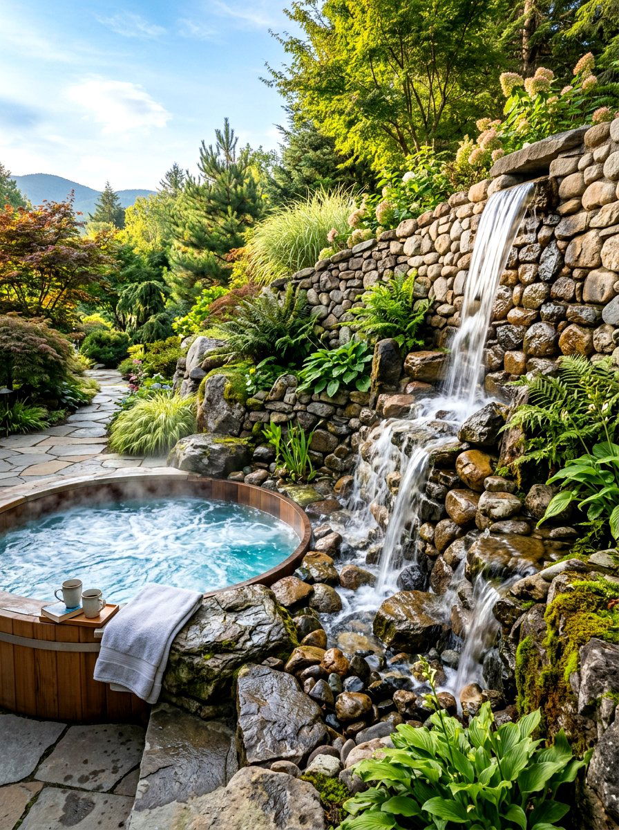 Waterfall Feature Wall - 30 hot tub patio decor ideas aesthetic