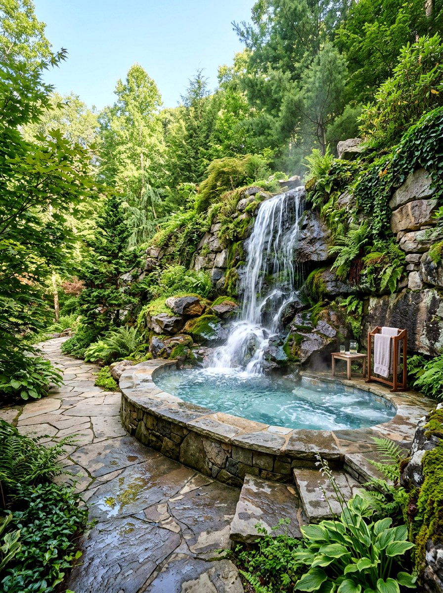 Waterfall Hot Tub - 30 spa backyard ideas