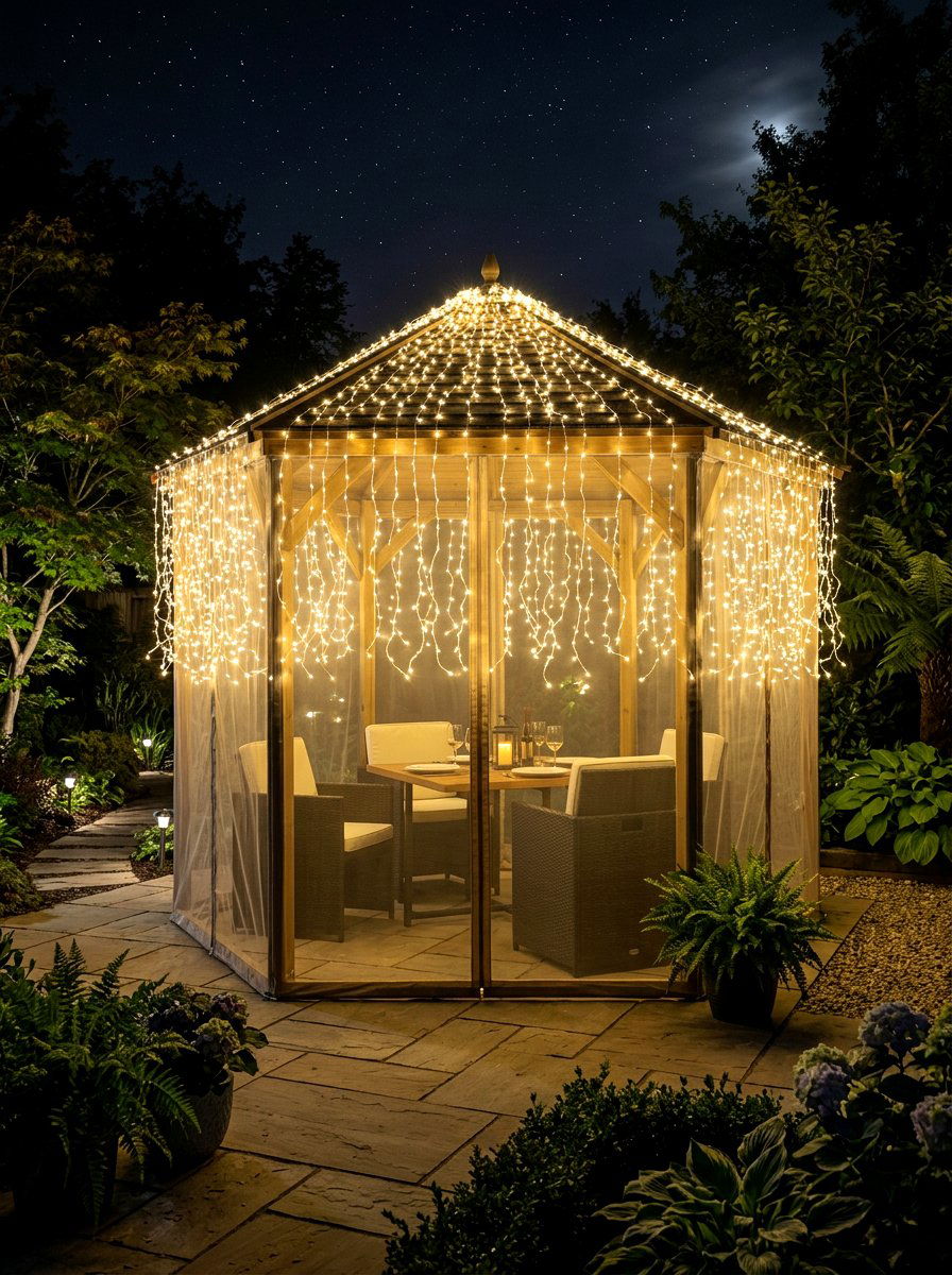 Waterfall Lights On Mesh Netting - 30 gazebo curtain lighting ideas