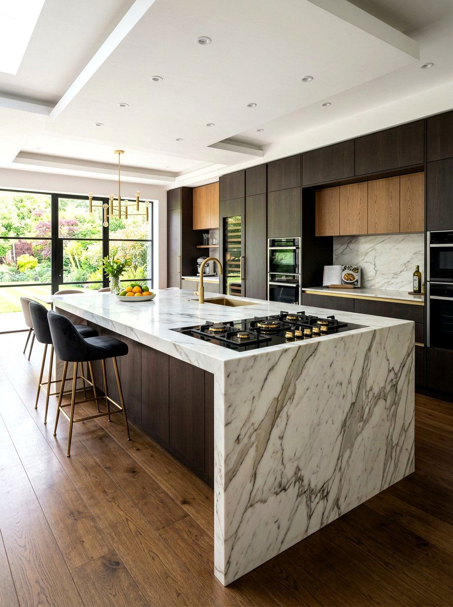 Waterfall Marble Island With Burner - 30 kitchen island with cooktop ideas