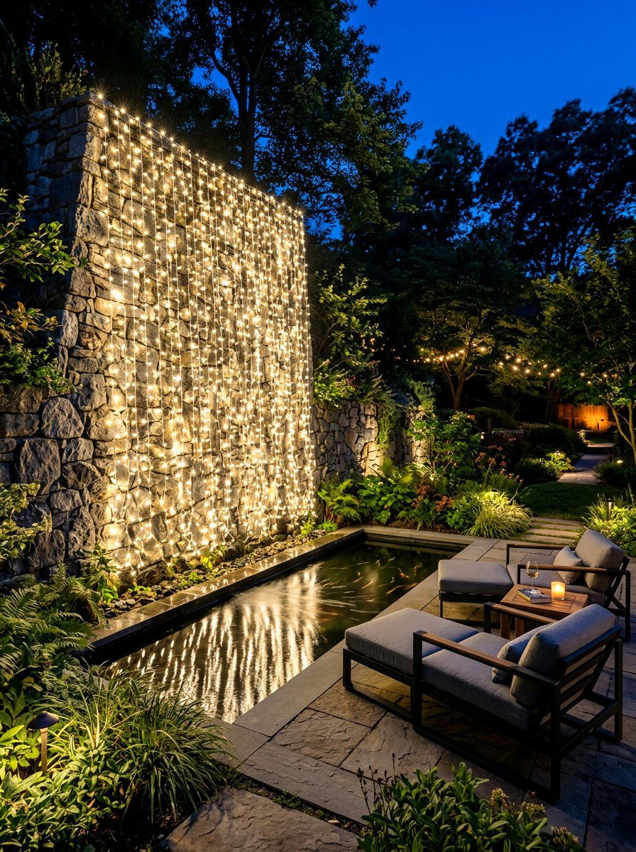 Waterfall curtain string light - 30 patio curtain string light ideas