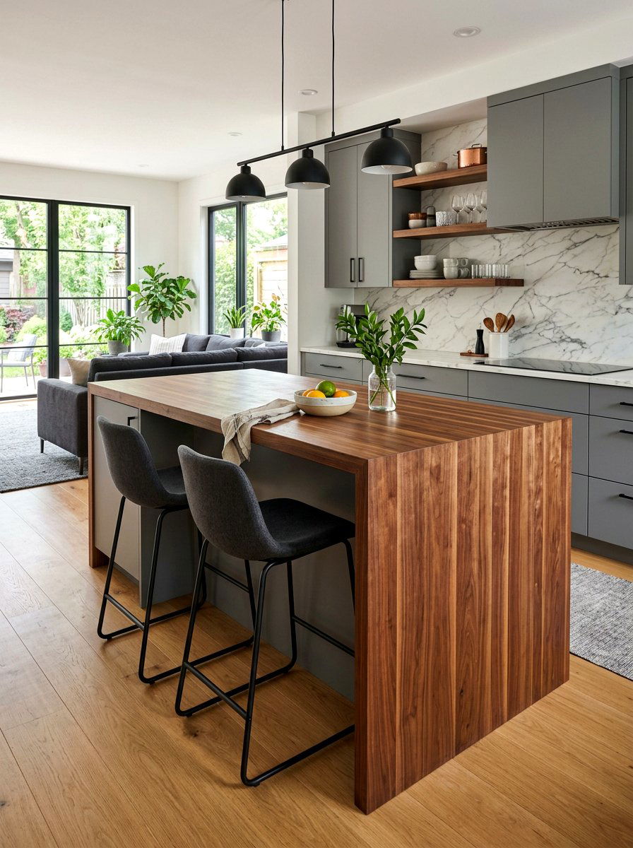 Waterfall edge butcher block island - 30 butcher block countertop ideas