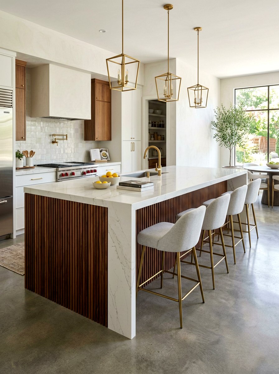 Waterfall edge fluted kitchen island - 30 fluted kitchen island ideas