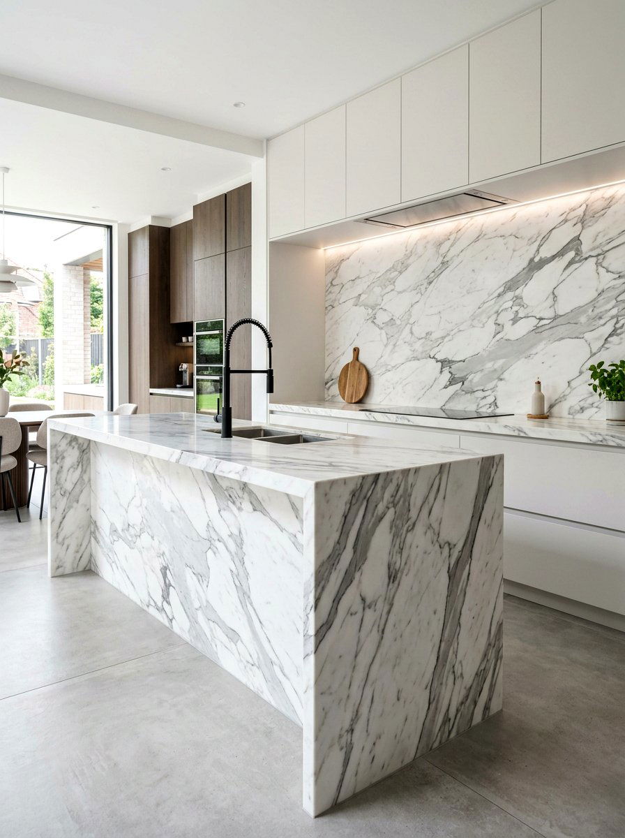Waterfall edge slab backsplash - 30 slab stone backsplash ideas