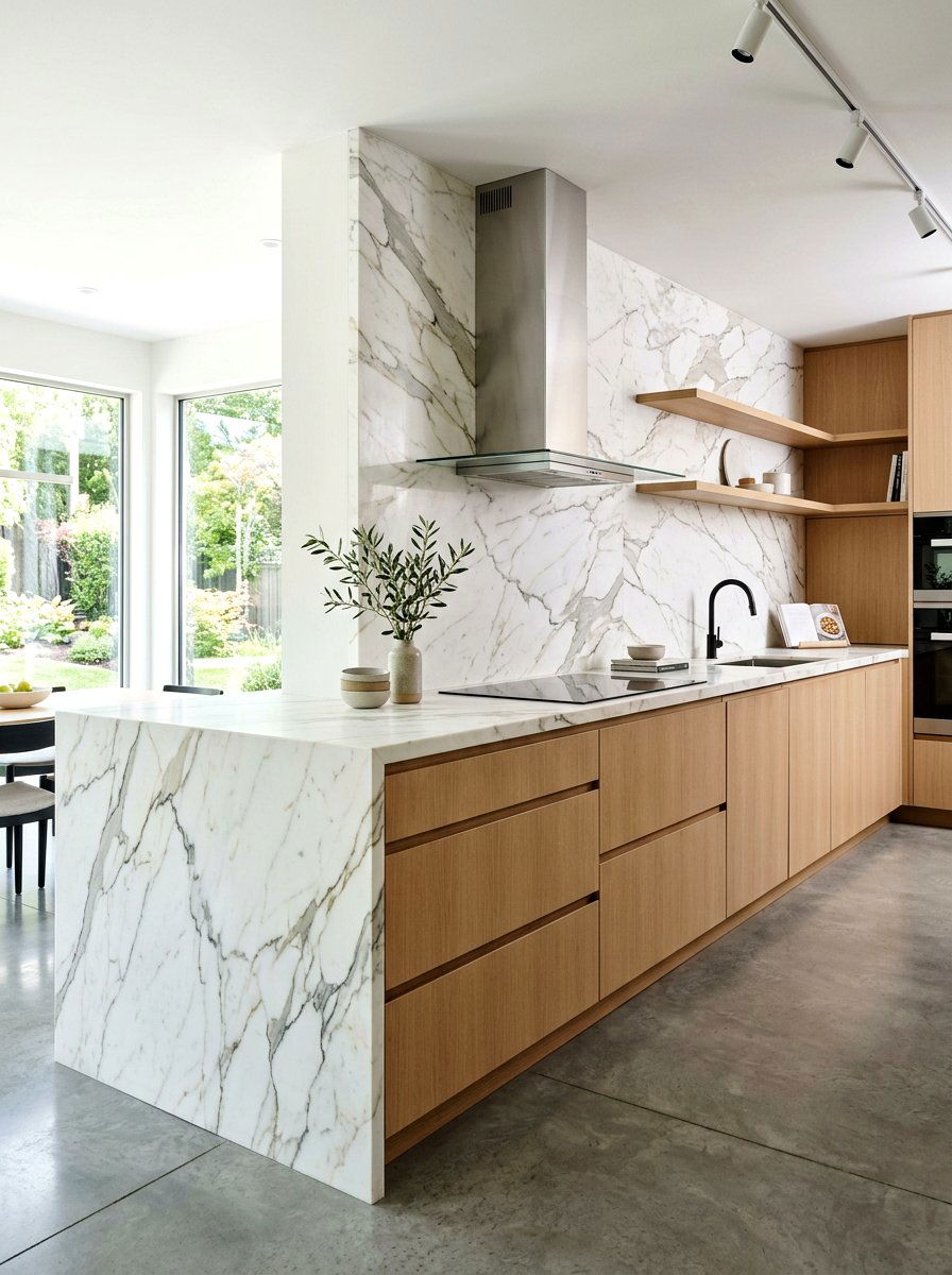 Waterfall edge slab backsplash - 30 slab backsplash ideas