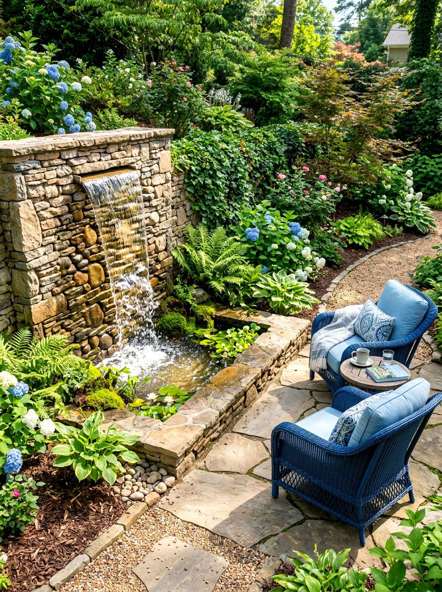 Waterfall feature seating nook - 30 small courtyard seating ideas