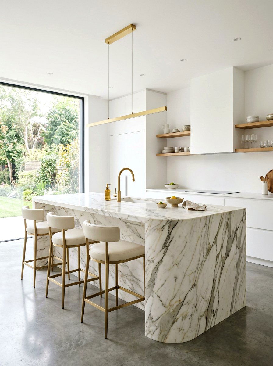 Waterfall marble curved island - 30 curved kitchen island ideas