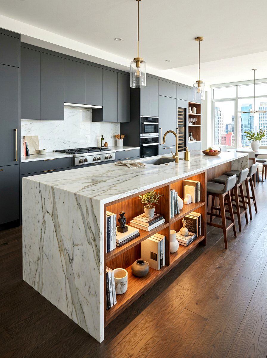 Waterfall marble kitchen island with bookshelf - 30 island bookshelf ideas