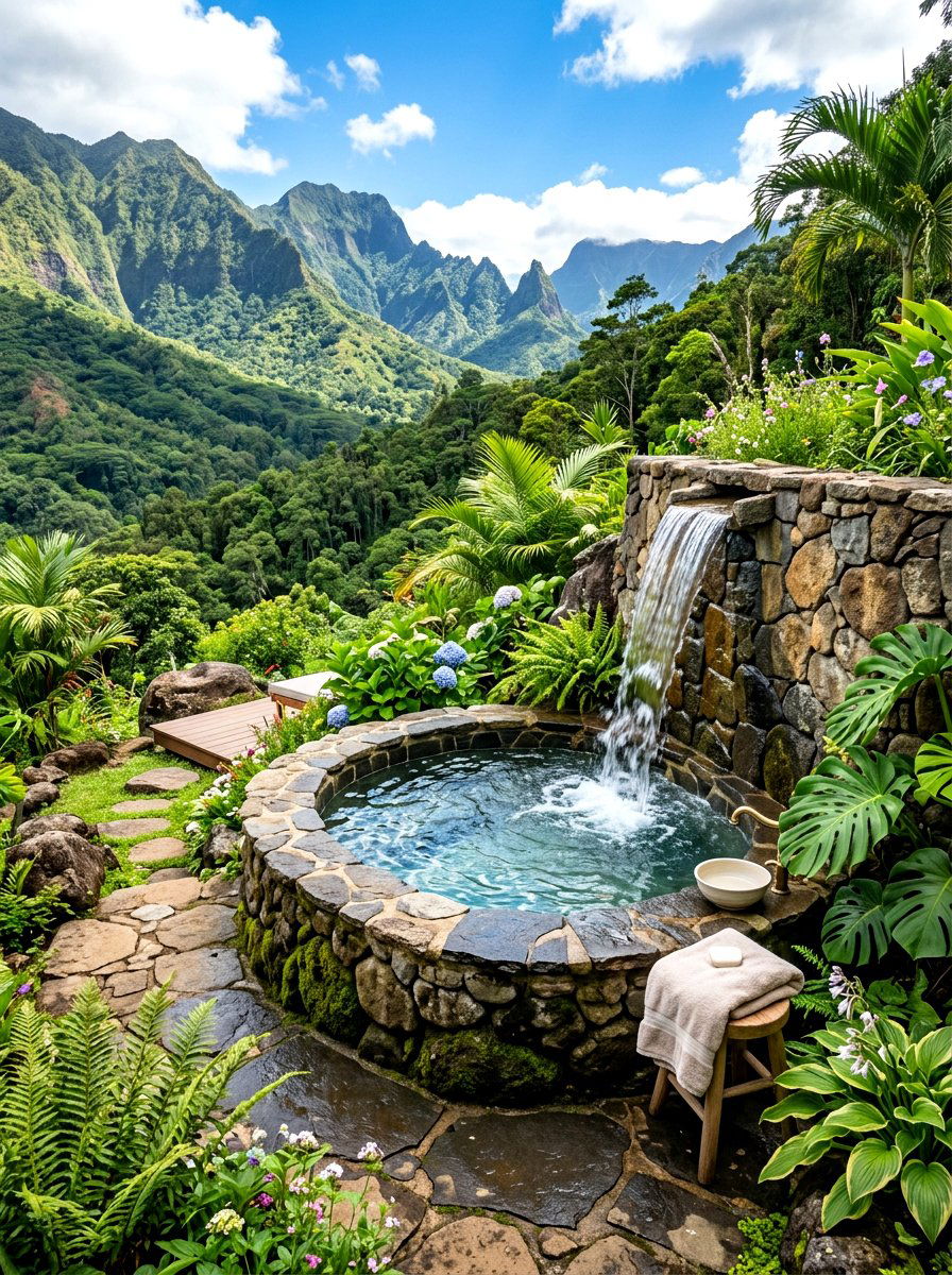 Waterfall outdoor bathtub - 30 outdoor bath ideas