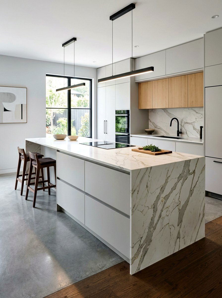 Waterfall quartz edge - 30 quartz kitchen ideas