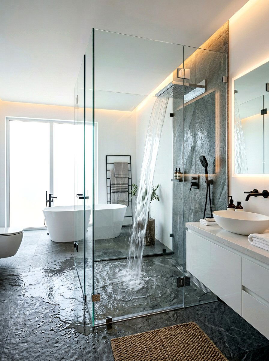 Waterfall shower head - 30 serene bathroom decor ideas