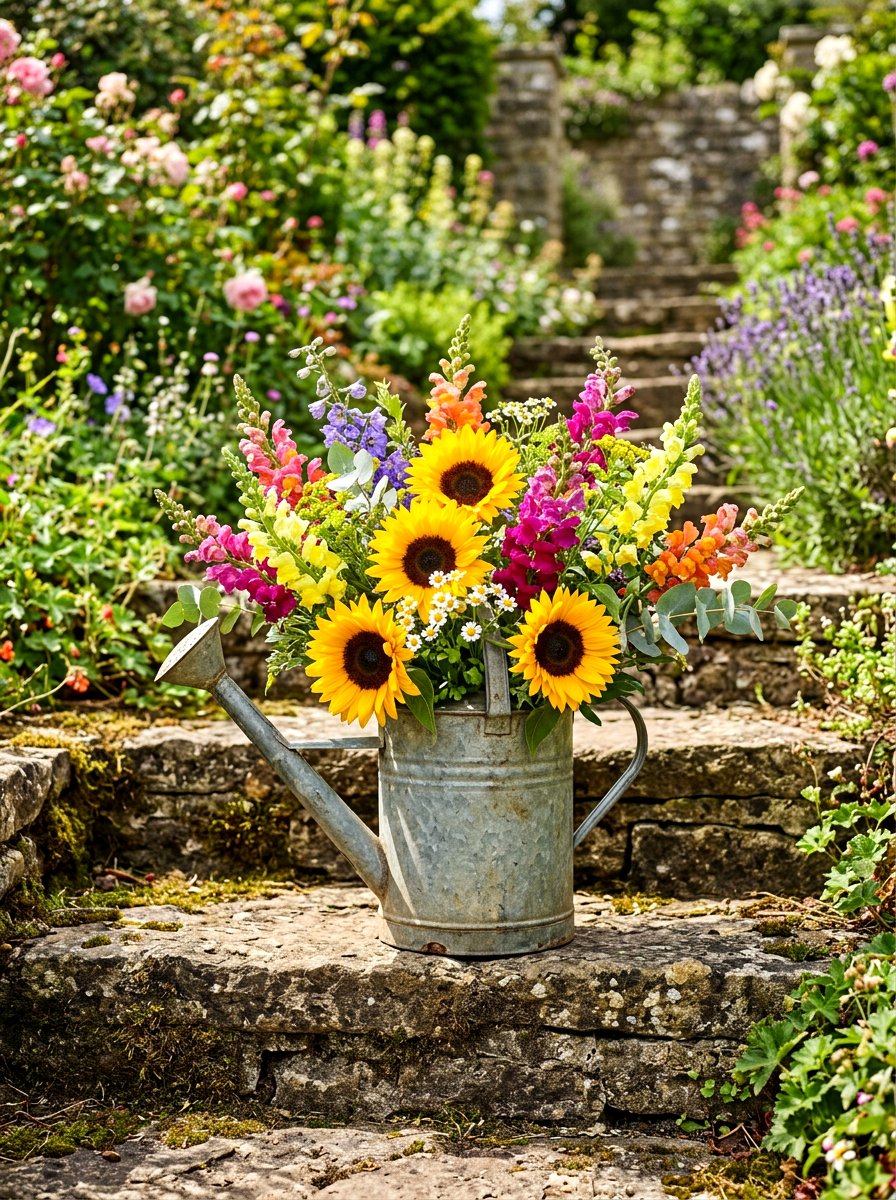 Watering Can Floral Arrangement - 30 cottage garden wedding ideas