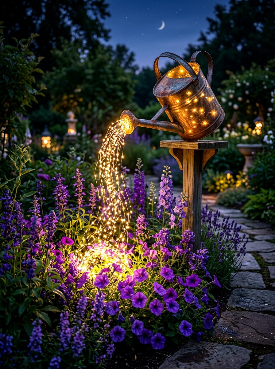 Watering Can Pouring Lights - 30 repurposed garden decor ideas