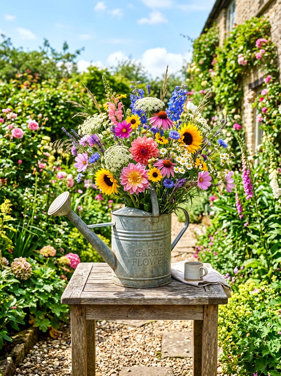 Watering can floral arrangement - 30 garden baby shower table ideas