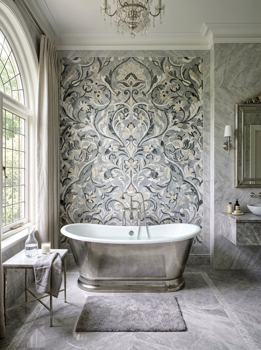 Waterjet Cut Intricate Floral Wall - 30 marble mosaic bathroom ideas