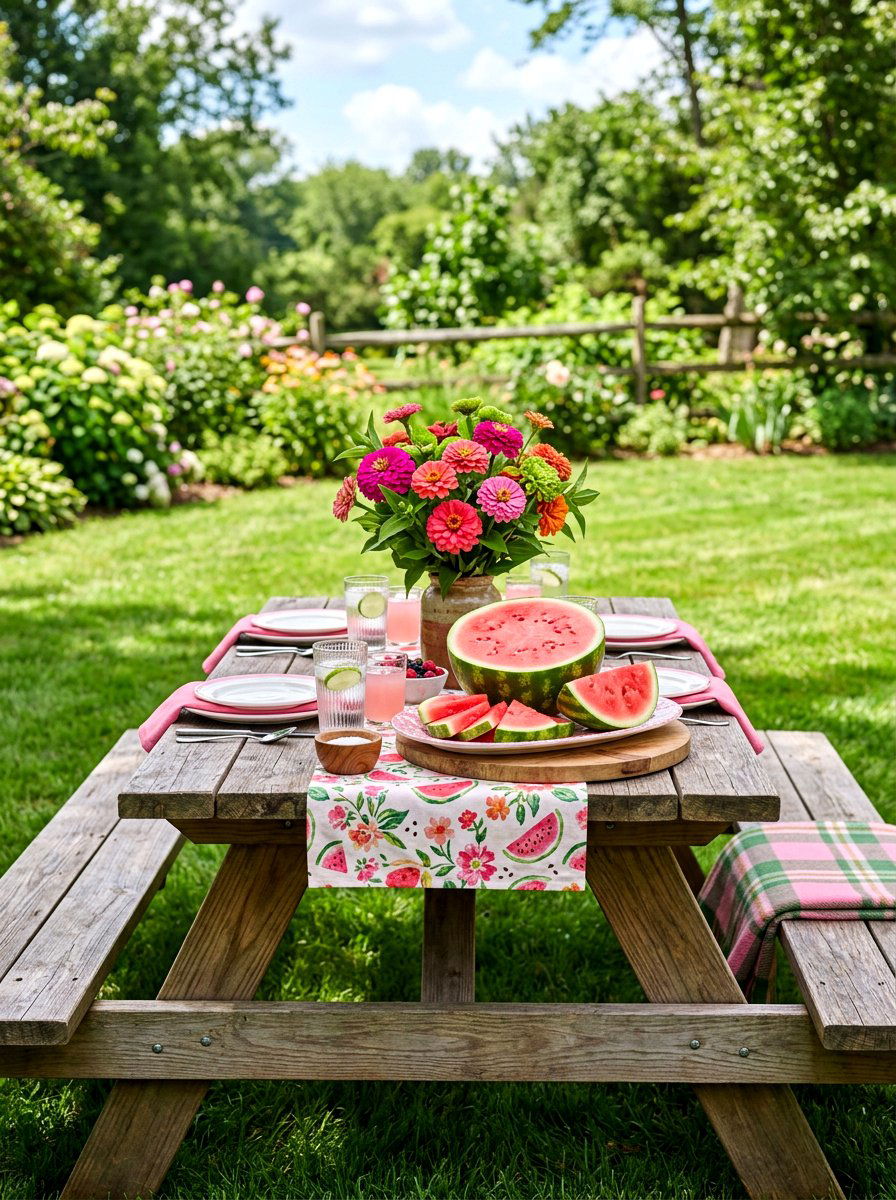 Watermelon and zinnia summer table - 30 fruit and floral tablescape ideas