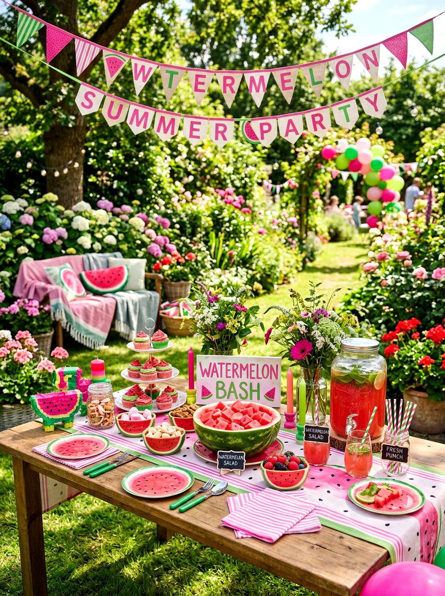 Watermelon summer party table - 30 summer patio tablescape ideas