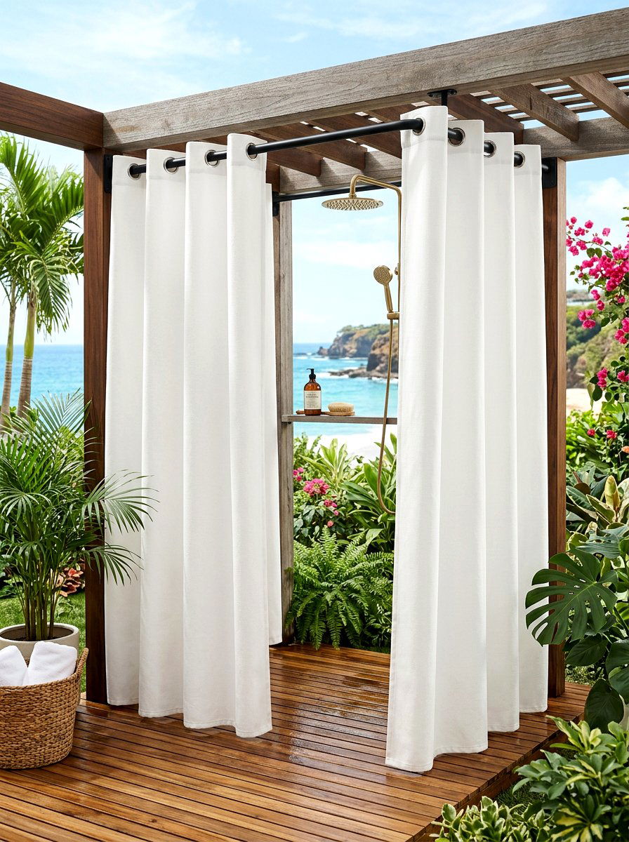 Waterproof outdoor shower curtains - 30 outdoor shower privacy ideas