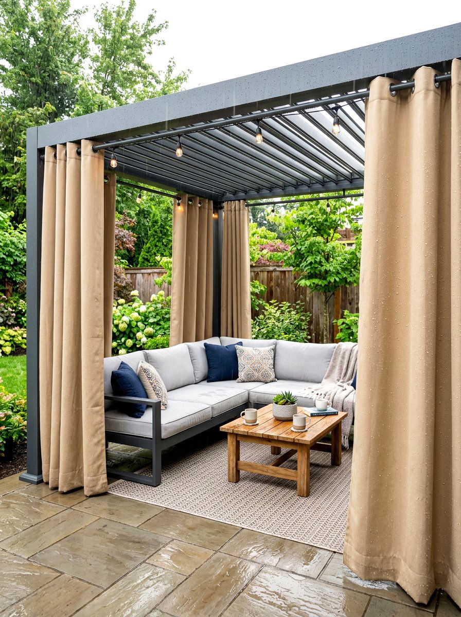 Waterproof patio curtain setup - 30 pergola privacy curtain ideas