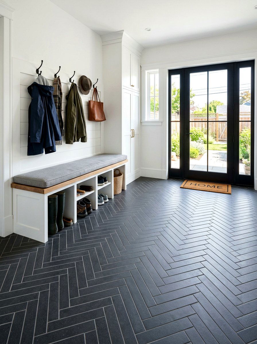 Waterproof tile mudroom area - 30 sports gear mudroom ideas