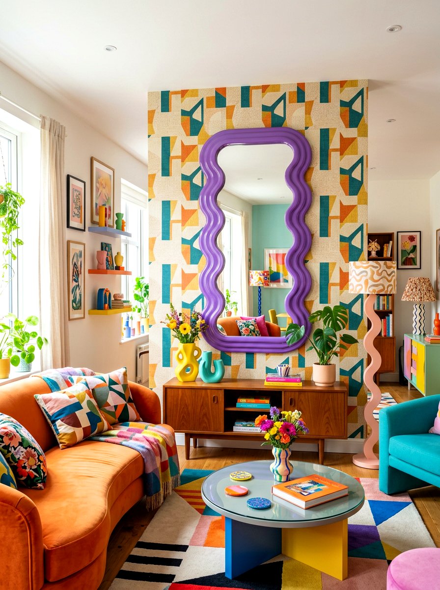 Wavy Mirror Wall Decor - 30 playful maximalist living room ideas