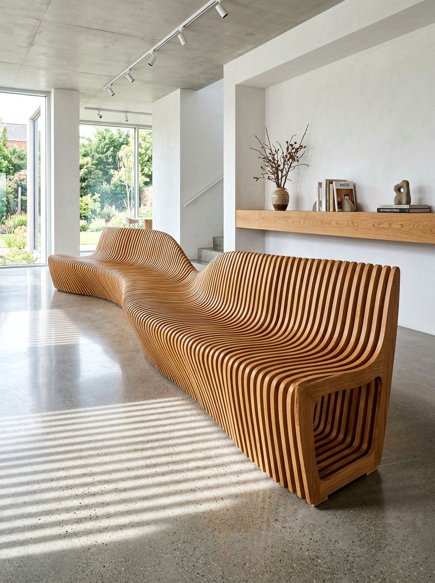 Wavy slat wood bench - 30 sculptural entry bench ideas