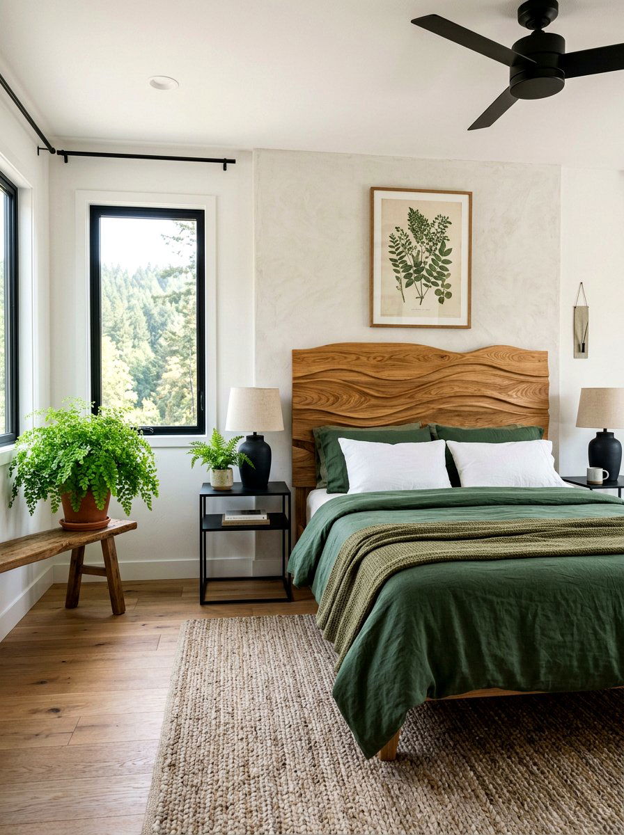 Wavy wooden headboard - 30 sculptural headboard ideas