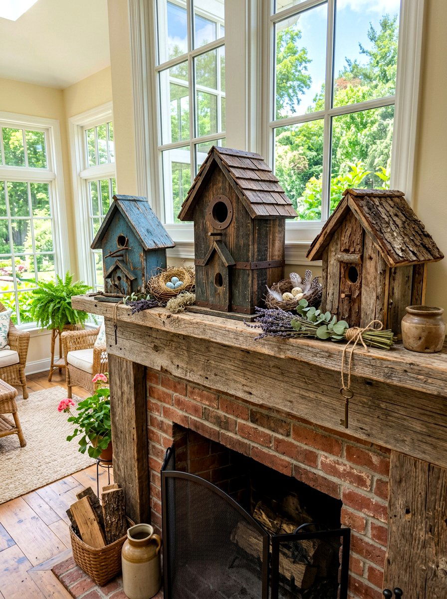 Weathered Birdhouse Arrangement - 30 vintage mantel styling ideas