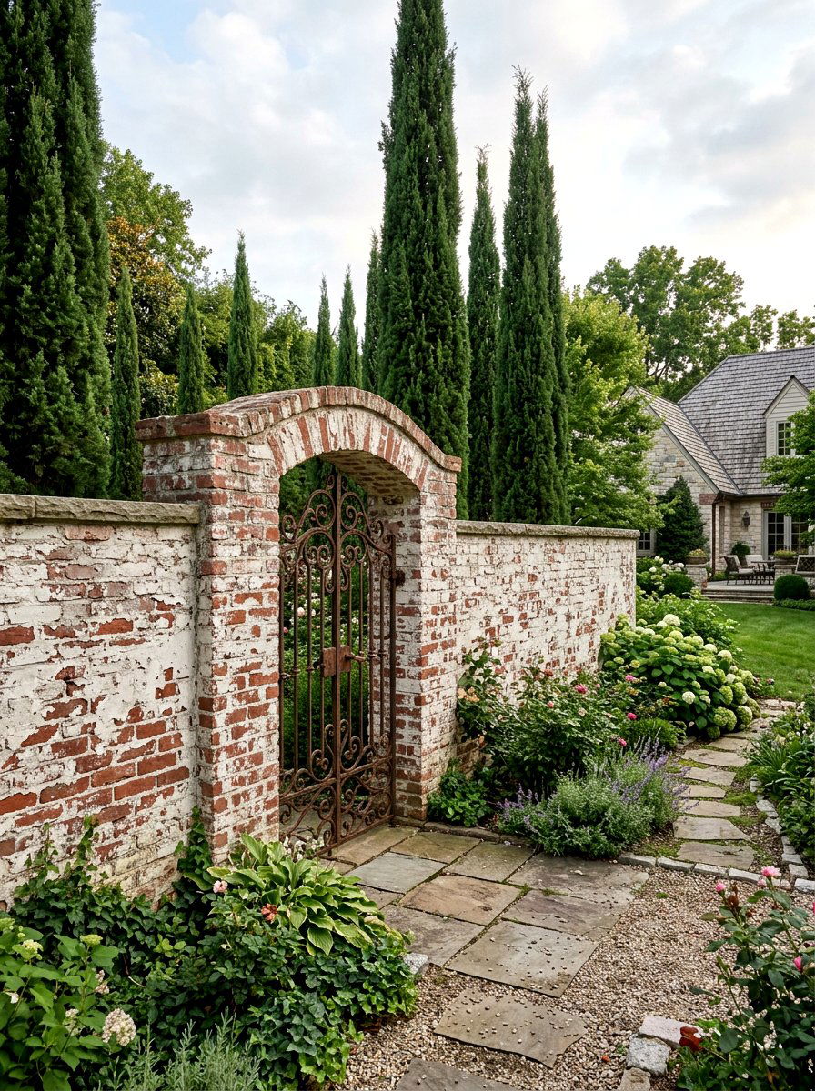 Weathered Brick Privacy Fence - 30 limewashed wall backyard ideas