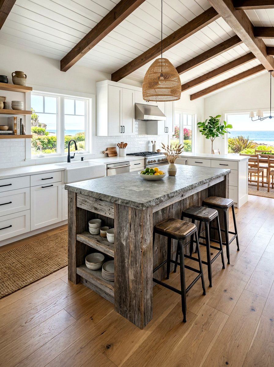Weathered Driftwood Island - 30 beach house kitchen ideas