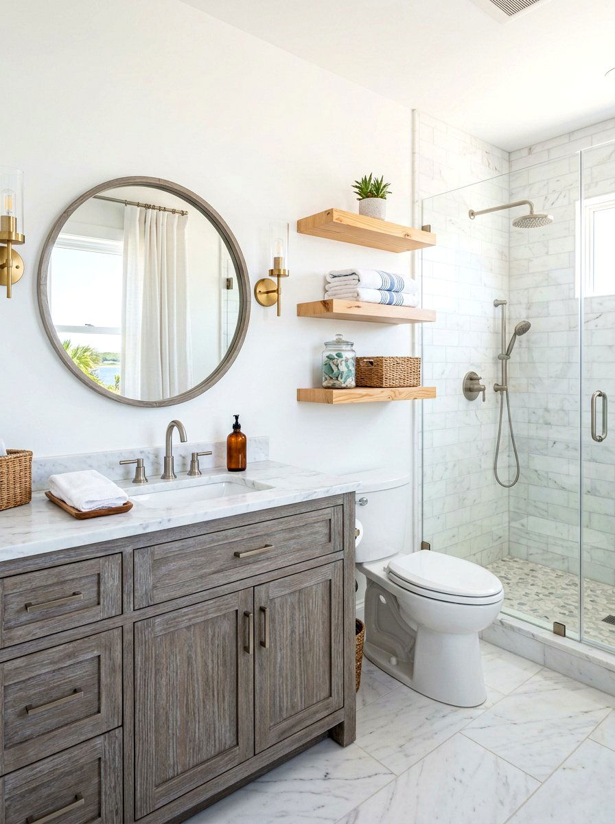 Weathered Gray and Natural Pine Coastal Bathroom - 30 mixed wood tone decor ideas