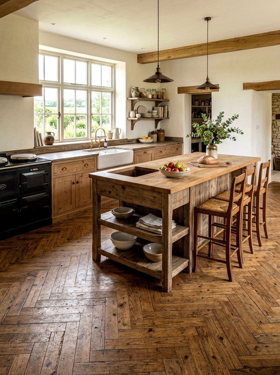 Weathered Pine Herringbone Farmhouse Kitchen - 30 herringbone floor ideas