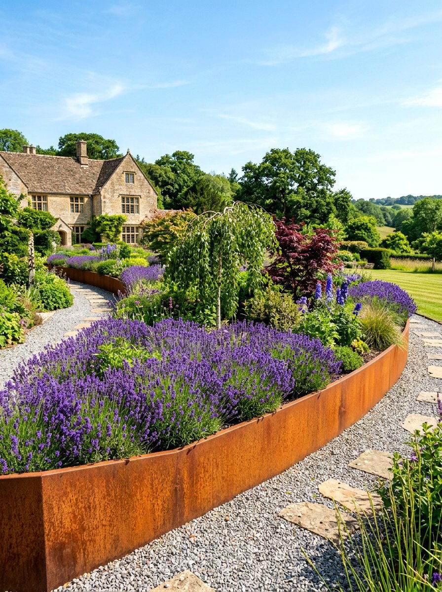 Weathered Steel Flower Bed Border - 30 metal landscape edging ideas