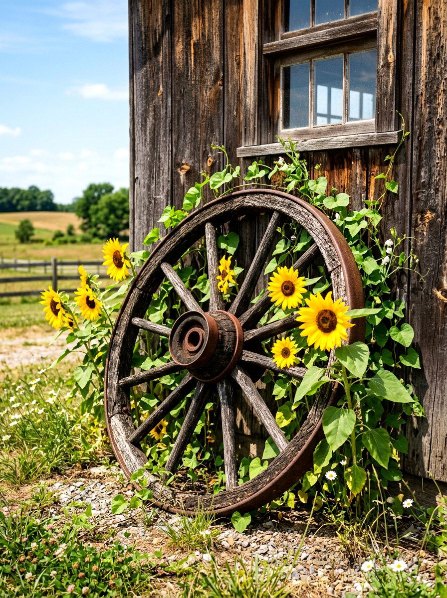 Weathered wagon wheels - 30 vintage garden decor ideas