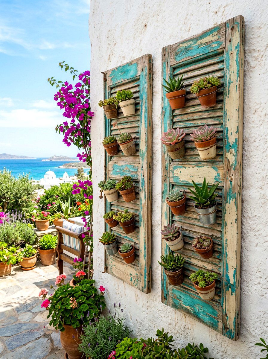 Weathered window shutters - 30 vintage garden decor ideas