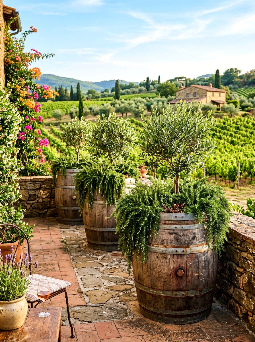 Weathered wood barrels - 30 vintage garden decor ideas