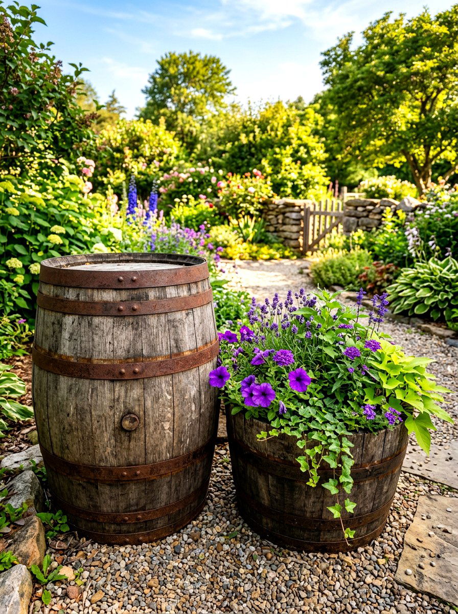 Weathered wooden barrel - 30 porch corner decor ideas